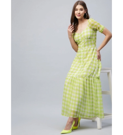 Generic Women's Polyester-Cotton Blend Checkered Square Neck Half Sleeve Dress (Lime Green)