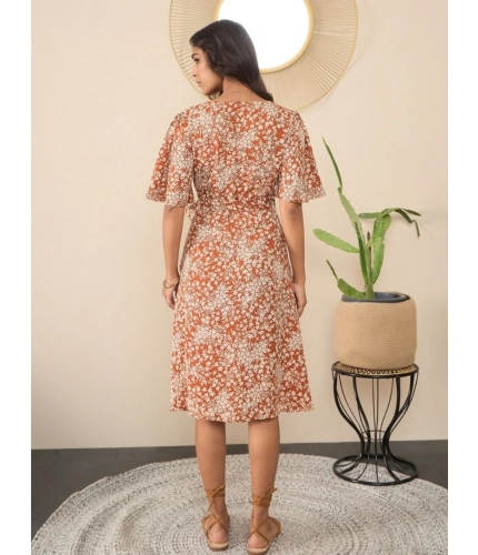 Generic Women's Polyester Moss Floral V-Neck Bell Sleeve Dress (Brown)