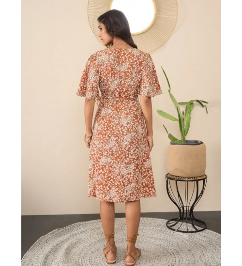 Generic Women's Polyester Moss Floral V-Neck Bell Sleeve Dress (Brown)