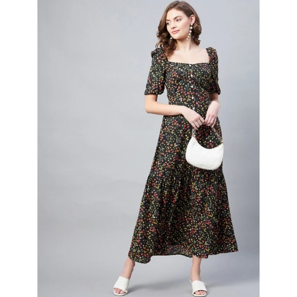 Generic Women's Polyester Moss Floral Square Neck Half Sleeve Dress (Black) Generic Women's Polyester Moss Floral Square Neck Half Sleeve Dress (Black)