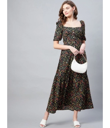 Generic Women's Polyester Moss Floral Square Neck Half Sleeve Dress (Black)