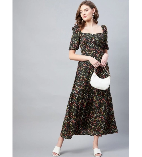Generic Women's Polyester Moss Floral Square Neck Half Sleeve Dress (Black)