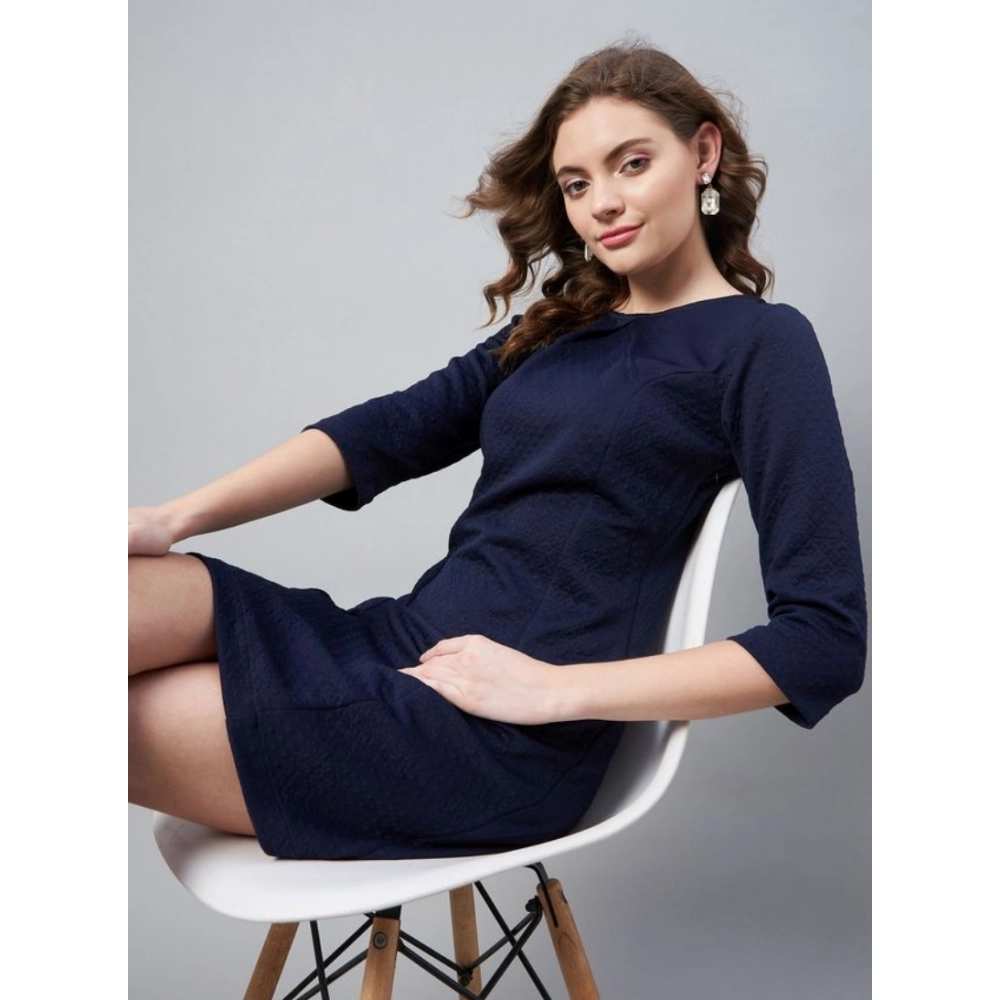 Generic Women's Polyester Jacquard Self Design Round Neck 3/4th Sleeves Dress (Navy) Generic Women's Polyester Jacquard Self Design Round Neck 3/4th Sleeves Dress (Navy)