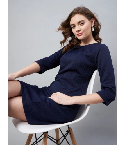 Generic Women's Polyester Jacquard Self Design Round Neck 3/4th Sleeves Dress (Navy)