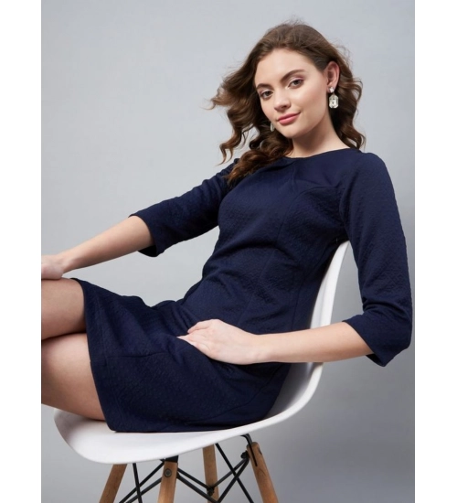 Generic Women's Polyester Jacquard Self Design Round Neck 3/4th Sleeves Dress (Navy)