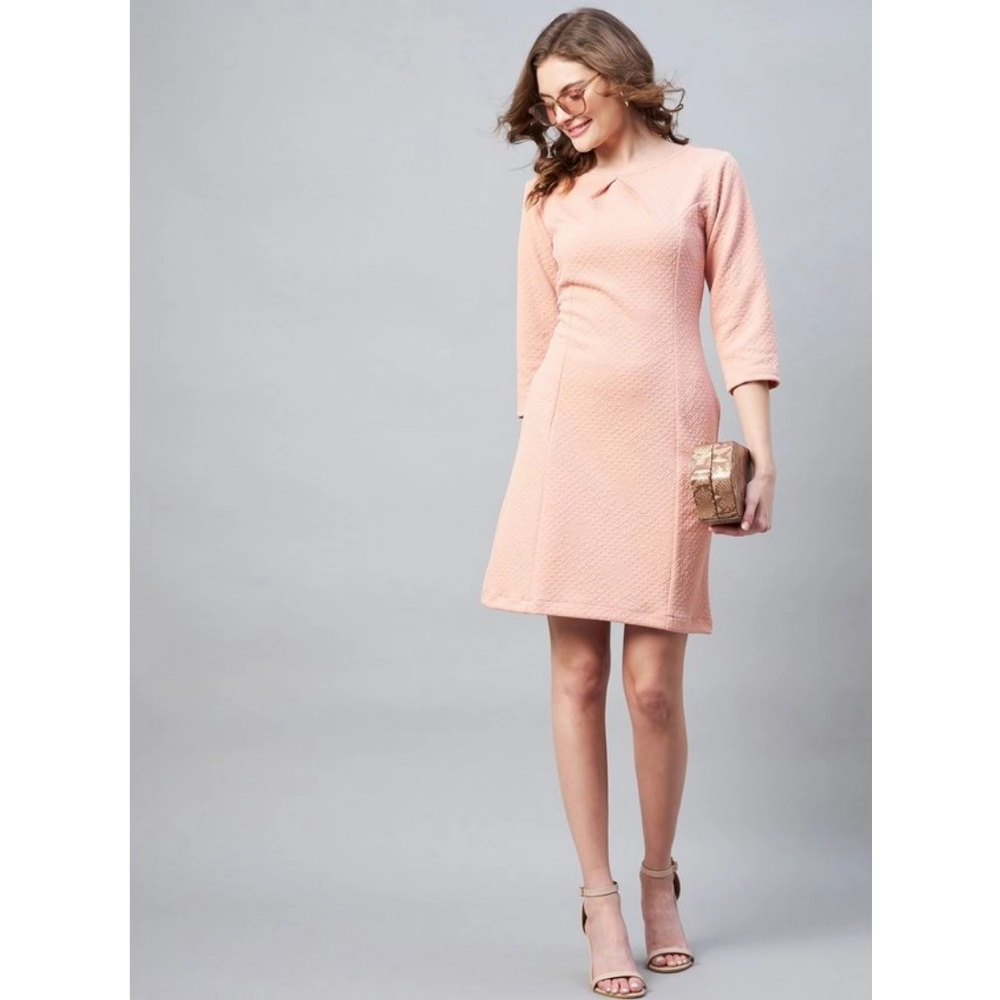 Generic Women's Polyester Jacquard Self Design Round Neck 3/4th Sleeves Dress (Pink) Generic Women's Polyester Jacquard Self Design Round Neck 3/4th Sleeves Dress (Pink)