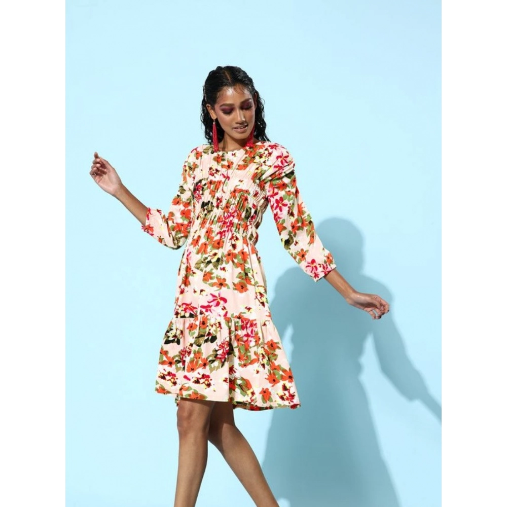 Generic Women's Polyester Moss Polka Round Neck 3/4th Sleeves Dress (Multicolor) Generic Women's Polyester Moss Polka Round Neck 3/4th Sleeves Dress (Multicolor)