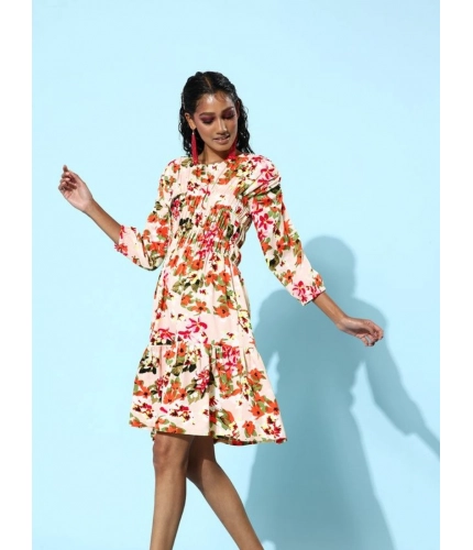 Generic Women's Polyester Moss Polka Round Neck 3/4th Sleeves Dress (Multicolor)