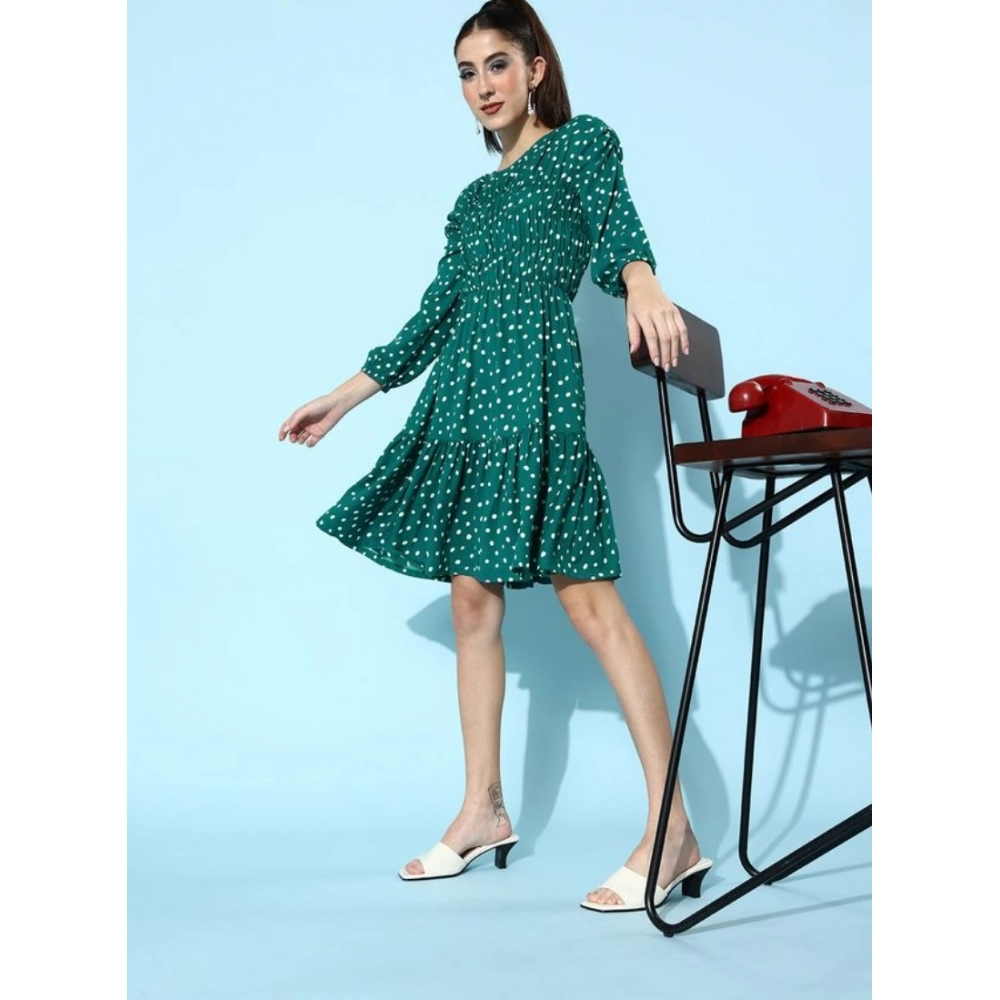 Generic Women's Polyester Moss Polka Round Neck 3/4th Sleeves Dress (Green) Generic Women's Polyester Moss Polka Round Neck 3/4th Sleeves Dress (Green)