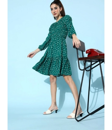 Generic Women's Polyester Moss Polka Round Neck 3/4th Sleeves Dress (Green)
