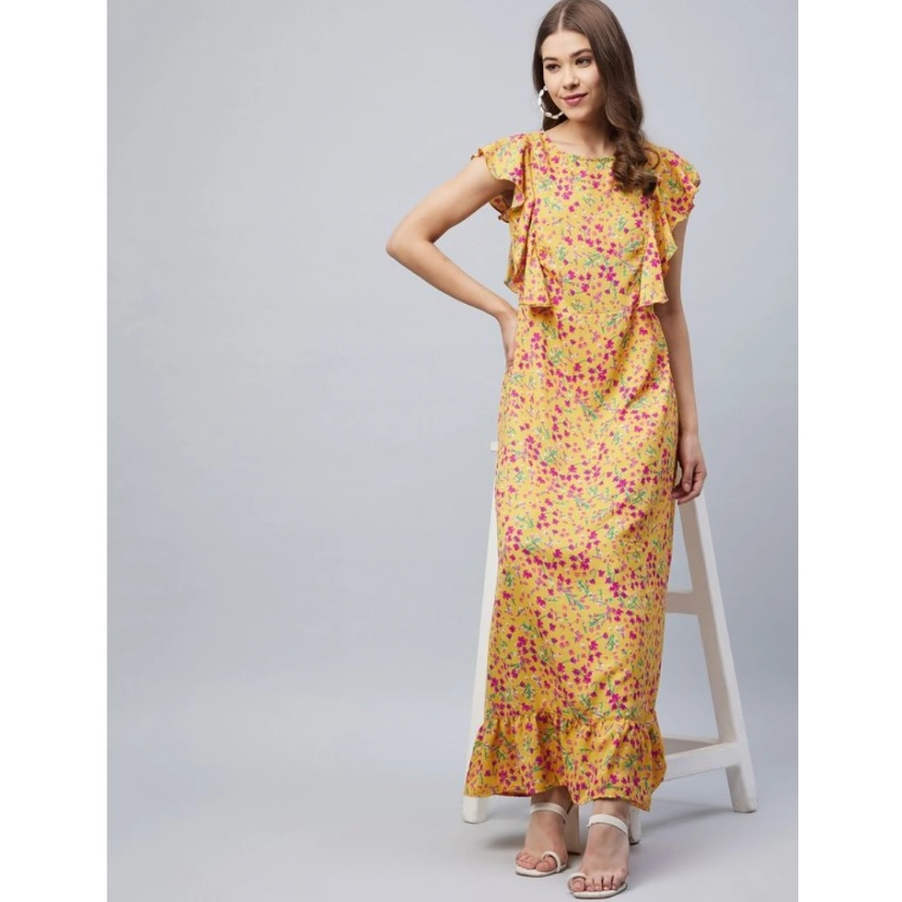Generic Women's Polyester Floral Round Neck Flutter Dress (Red) Generic Women's Polyester Floral Round Neck Flutter Dress (Red)