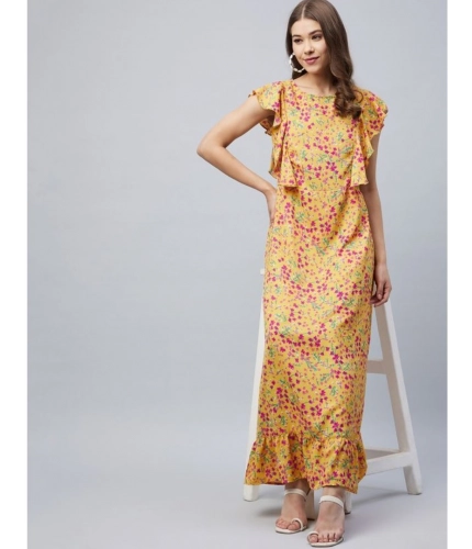 Generic Women's Polyester Floral Round Neck Flutter Dress (Red)