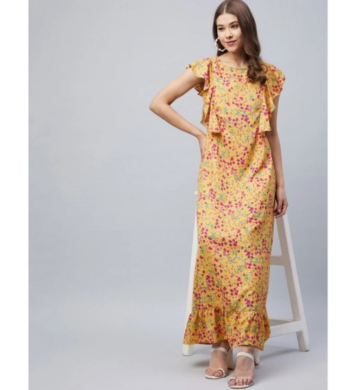 Generic Women's Polyester Floral Round Neck Flutter Dress (Red)