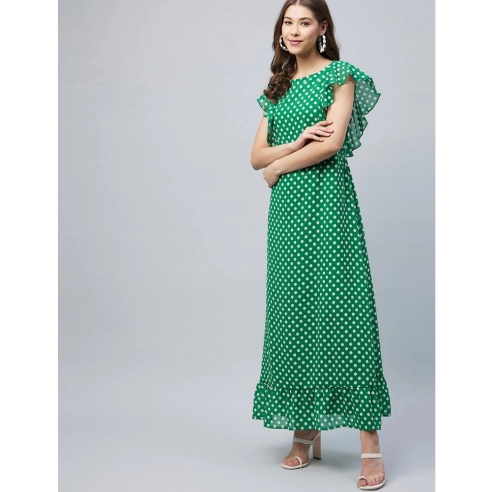 Generic Women's Polyester Polka Close Neck Flutter Dress (Green) Generic Women's Polyester Polka Close Neck Flutter Dress (Green)