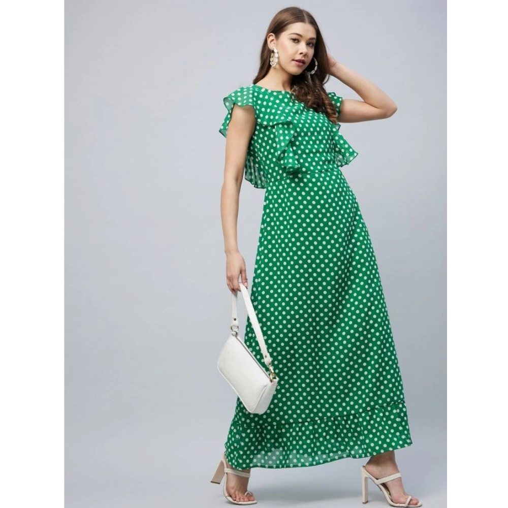 Generic Women's Polyester Polka Close Neck Flutter Dress (Green) Generic Women's Polyester Polka Close Neck Flutter Dress (Green)