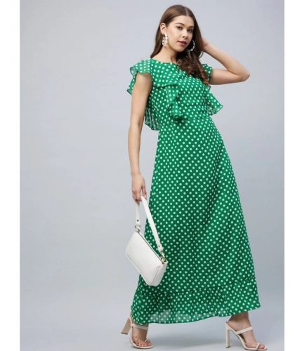 Generic Women's Polyester Polka Close Neck Flutter Dress (Green)