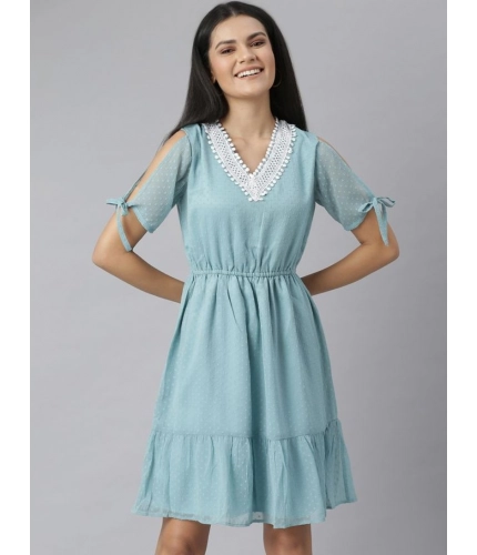 Generic Women's Chiffon Self Design V-Neck Tie Ups Dress (Green)