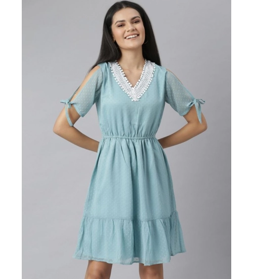 Generic Women's Chiffon Self Design V-Neck Tie Ups Dress (Green)