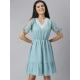 Generic Women's Chiffon Self Design V-Neck Tie Ups Dress (Green)
