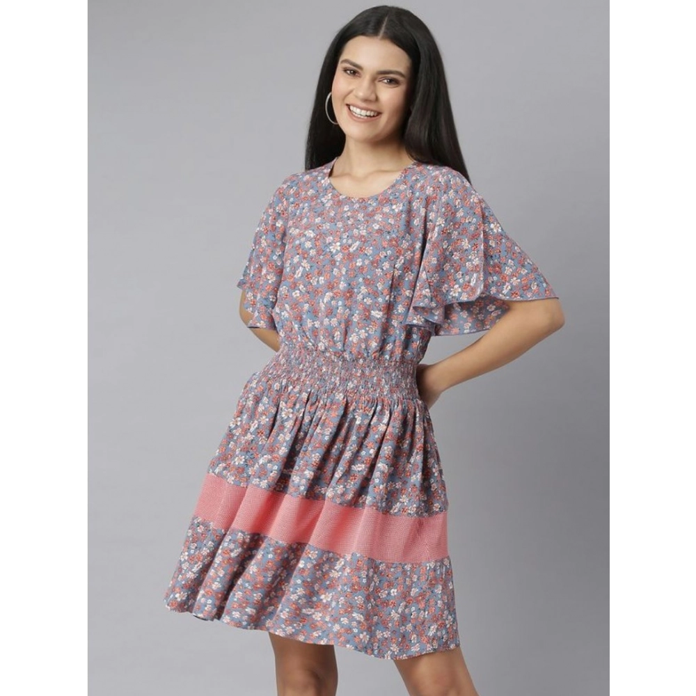 Generic Women's Polyester Moss Floral Round Neck Flutter Dress (Grey-Red) Generic Women's Polyester Moss Floral Round Neck Flutter Dress (Grey-Red)