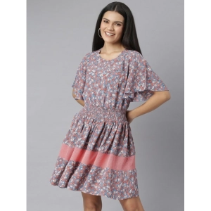 Generic Women's Polyester Moss Floral Round Neck Flutter Dress (Grey-Red)