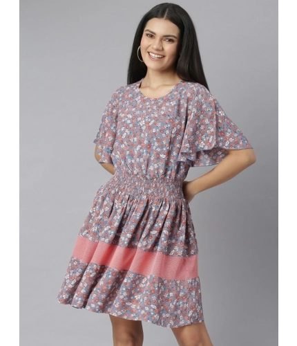 Generic Women's Polyester Moss Floral Round Neck Flutter Dress (Grey-Red)