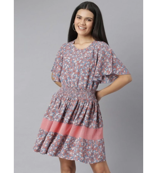 Generic Women's Polyester Moss Floral Round Neck Flutter Dress (Grey-Red)