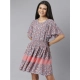 Generic Women's Polyester Moss Floral Round Neck Flutter Dress (Grey-Red) Generic Women's Polyester Moss Floral Round Neck Flutter Dress (Grey-Red)