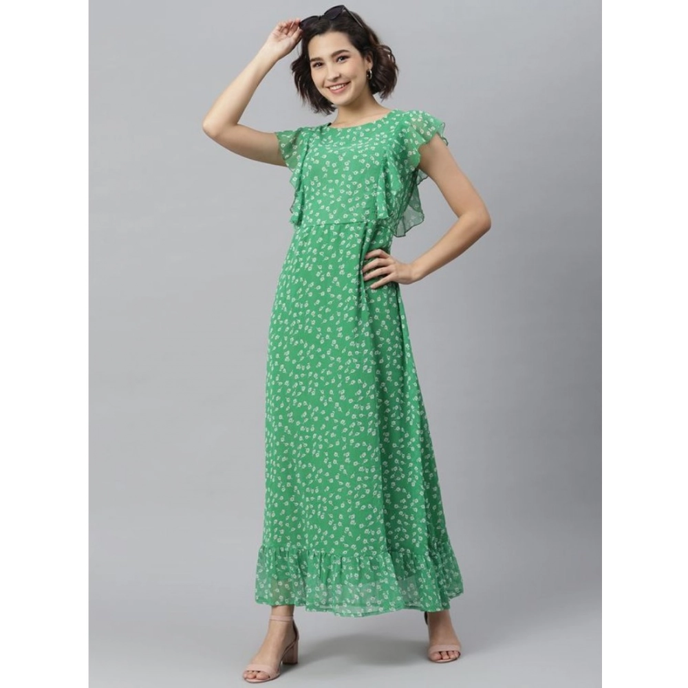 Generic Women's Polyester Floral Round Neck Short Sleeve Dress (Green) Generic Women's Polyester Floral Round Neck Short Sleeve Dress (Green)