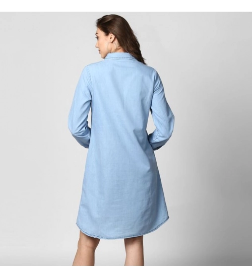 Generic Women's Denim Solid Collar Neck Roll Up Sleeve Dress (Blue)
