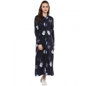 Generic Women's Rayon Floral Collar Neck Long Sleeves Dress (Blue)