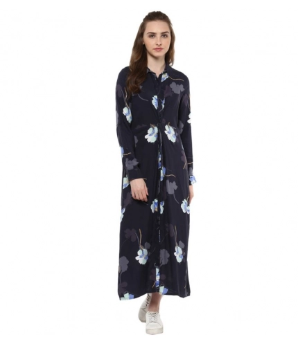 Generic Women's Rayon Floral Collar Neck Long Sleeves Dress (Blue)