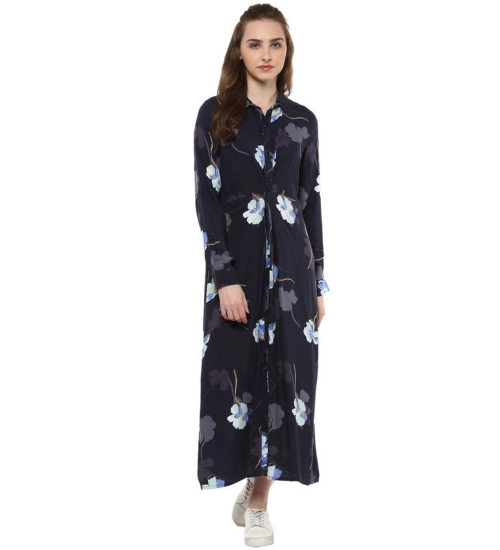 Generic Women's Rayon Floral Collar Neck Long Sleeves Dress (Blue)