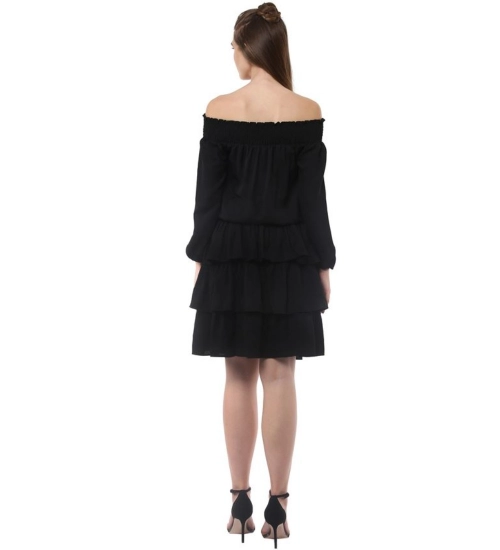 Generic Women's Polyester Moss Solid Off-Shoulder Long Sleeves Dress (Black)