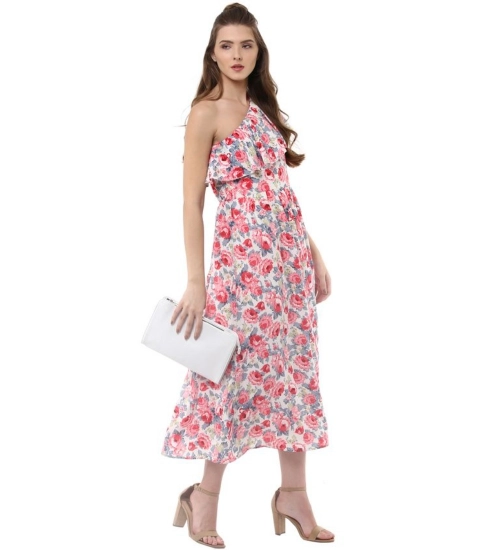 Generic Women's Polyester Crepe Floral One Shoulder One Shoulder Dress (Multicolor)
