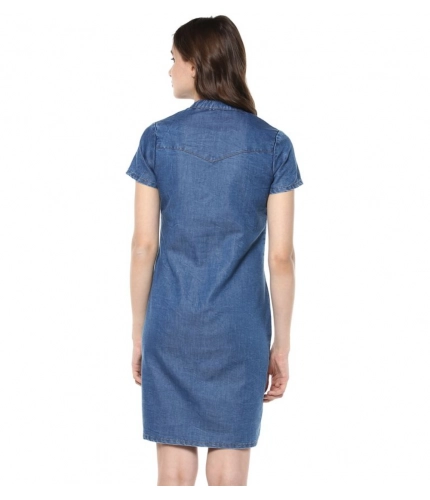 Generic Women's Denim Solid Tie-Up Neck Short Sleeve Dress (Blue)