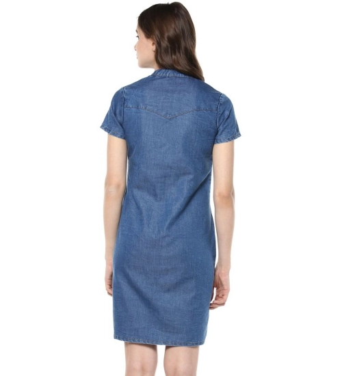 Generic Women's Denim Solid Tie-Up Neck Short Sleeve Dress (Blue)