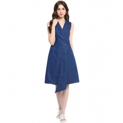 Generic Women's Denim Solid Collar Neck Sleeveless Dress (Blue)