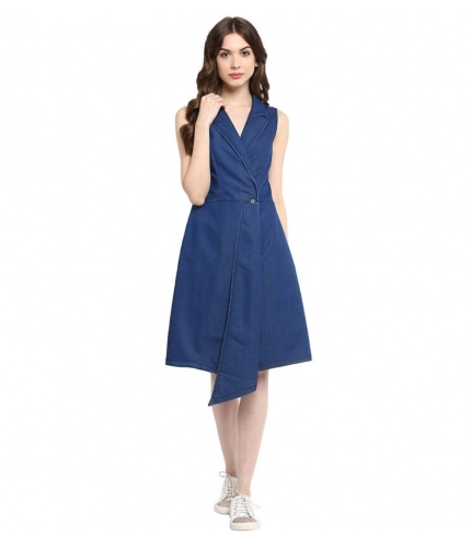 Generic Women's Denim Solid Collar Neck Sleeveless Dress (Blue)
