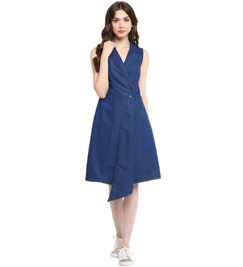Generic Women's Denim Solid Collar Neck Sleeveless Dress (Blue)