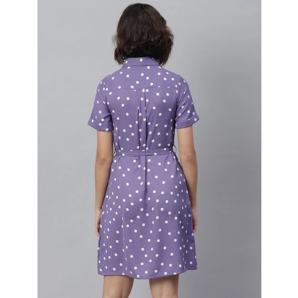 Generic Women's Polyester Polka Collar Neck Short Sleeve Dress (Lavender) Generic Women's Polyester Polka Collar Neck Short Sleeve Dress (Lavender)