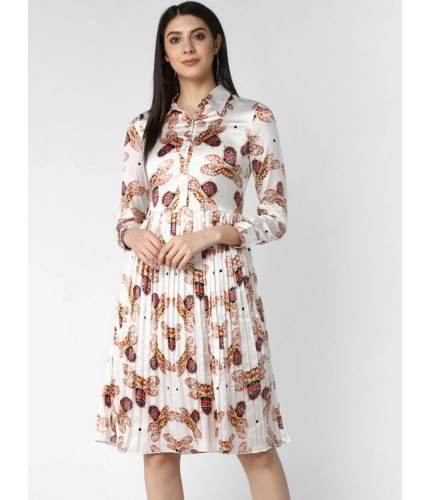 Generic Women's Polyester Pleated Collar Neck Long Sleeves Dress (White)