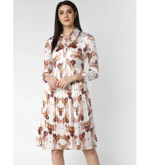 Generic Women's Polyester Pleated Collar Neck Long Sleeves Dress (White)