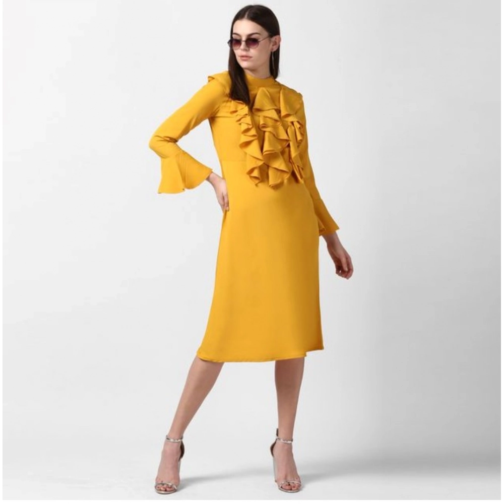 Generic Women's Polyester Ruffled Close Neck Long Sleeves Dress (Yellow) Generic Women's Polyester Ruffled Close Neck Long Sleeves Dress (Yellow)