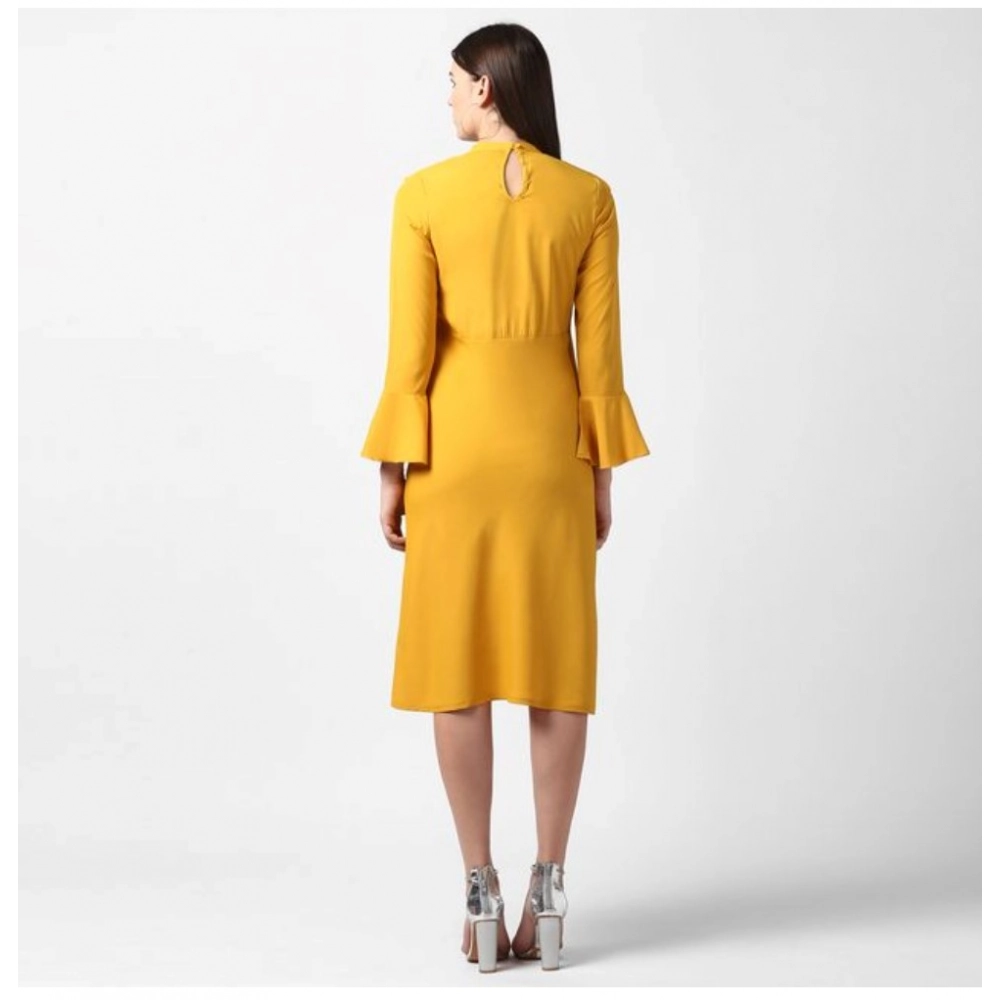 Generic Women's Polyester Ruffled Close Neck Long Sleeves Dress (Yellow) Generic Women's Polyester Ruffled Close Neck Long Sleeves Dress (Yellow)
