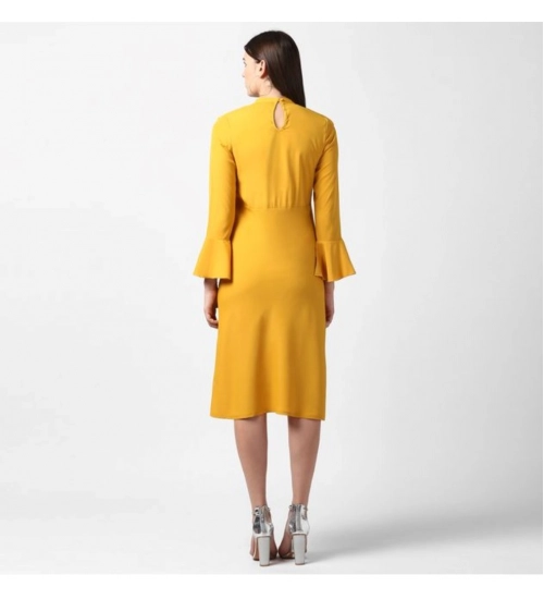 Generic Women's Polyester Ruffled Close Neck Long Sleeves Dress (Yellow)