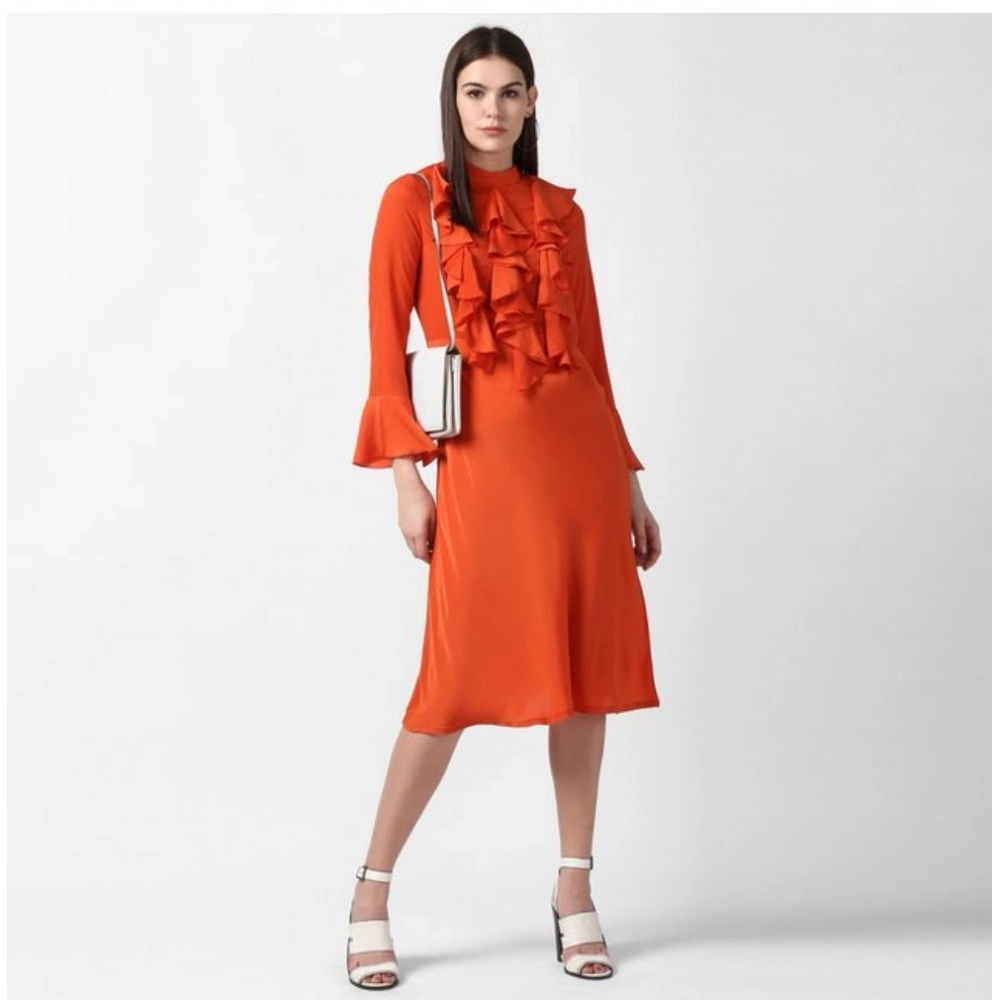 Generic Women's Polyester Ruffled Close Neck Long Sleeves Dress (Orange) Generic Women's Polyester Ruffled Close Neck Long Sleeves Dress (Orange)