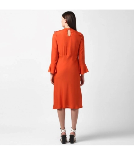 Generic Women's Polyester Ruffled Close Neck Long Sleeves Dress (Orange)