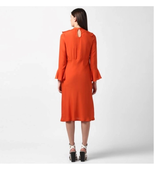 Generic Women's Polyester Ruffled Close Neck Long Sleeves Dress (Orange)