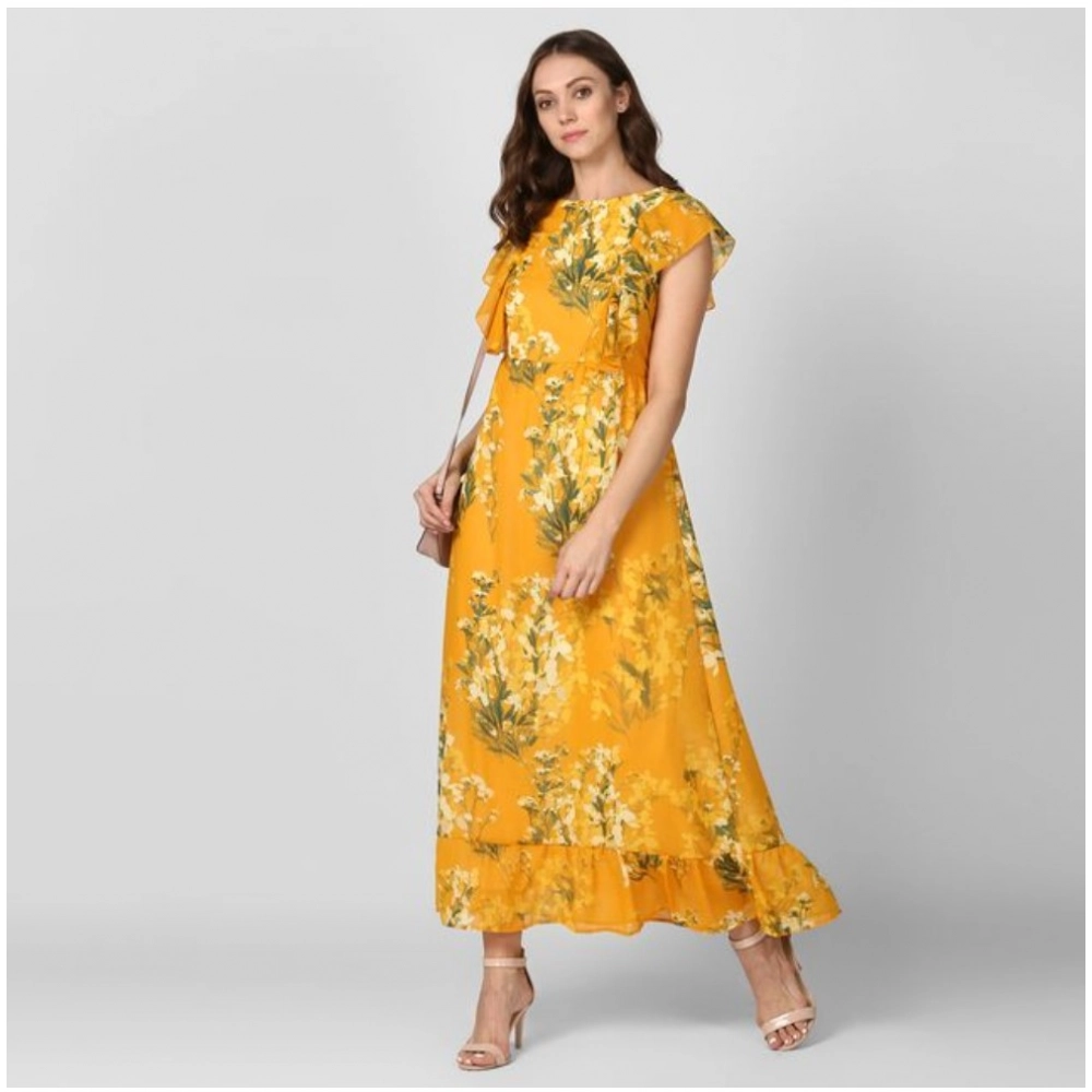 Generic Women's Polyester Floral Round Neck Butterfly Sleeve Dress (Yellow) Generic Women's Polyester Floral Round Neck Butterfly Sleeve Dress (Yellow)